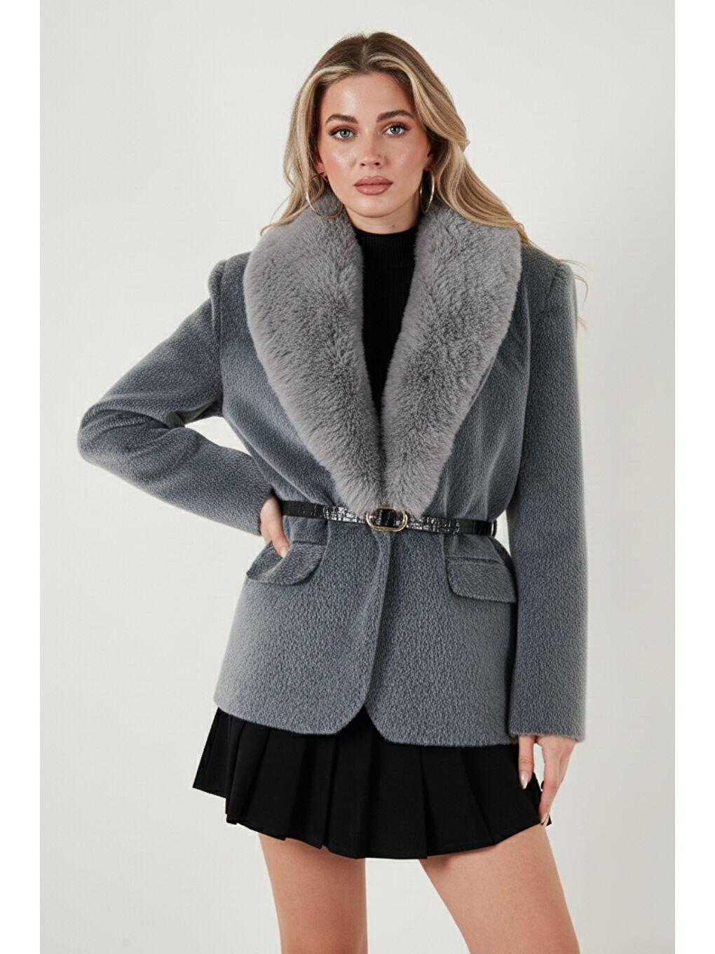 Gri Regular Fit Şal Yaka Kemerli Kadın Kaban 6839688-1