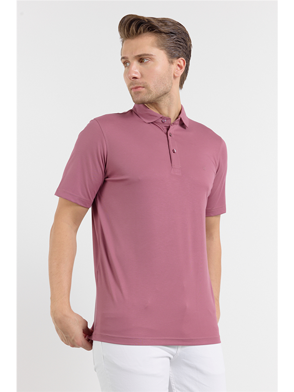 Pembe İtalyan Yaka Kısa Kol Cepsiz Comfort Fit Esnek Tişört 1011260156-3
