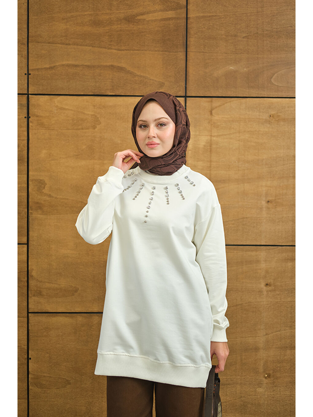 Kadın Yaka Taş Detay Tunik Beyaz-3