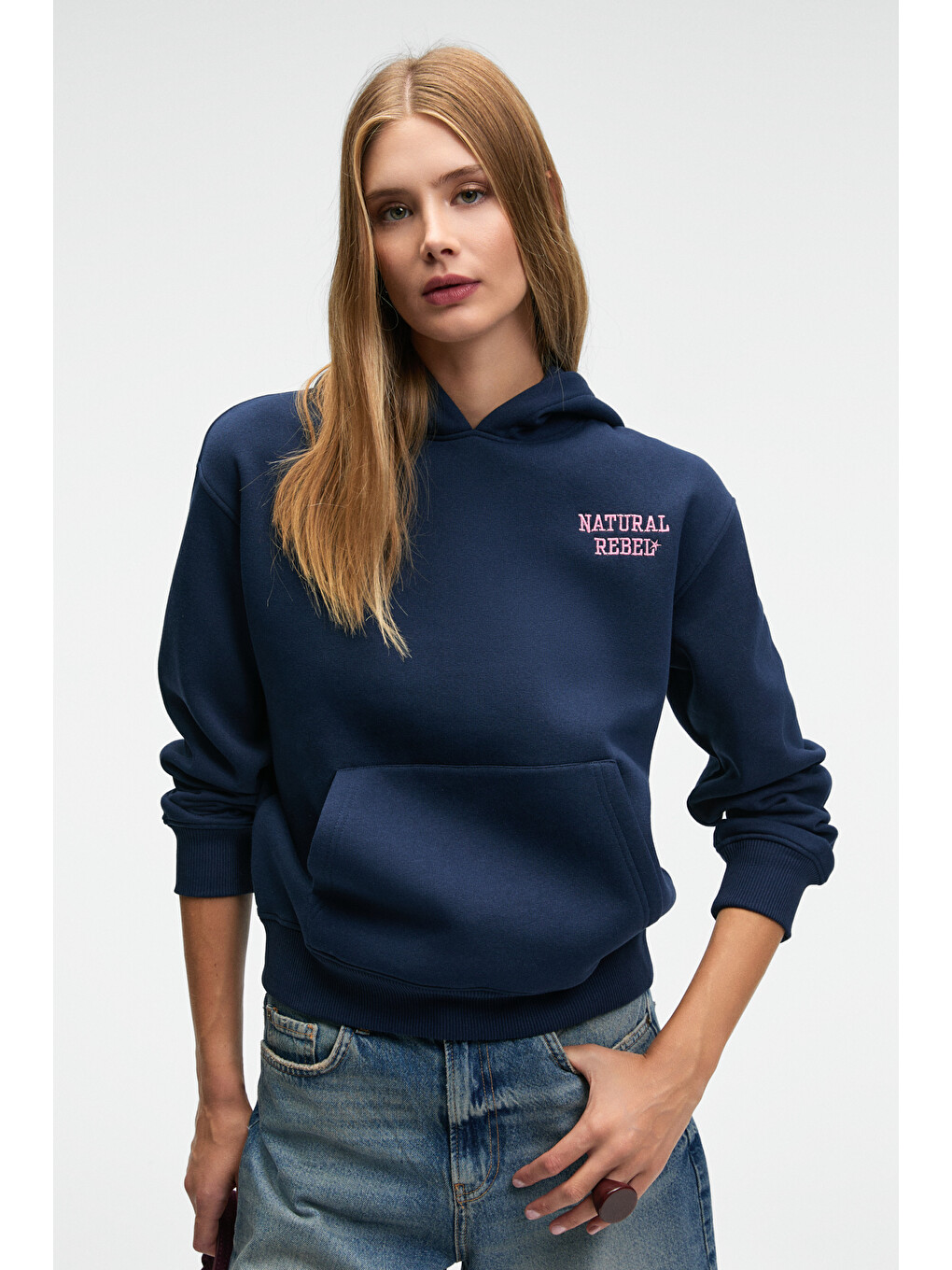 Yumea Kadın Oversize Kapüşonlu Baskılı Lacivert Sweatshirt-1