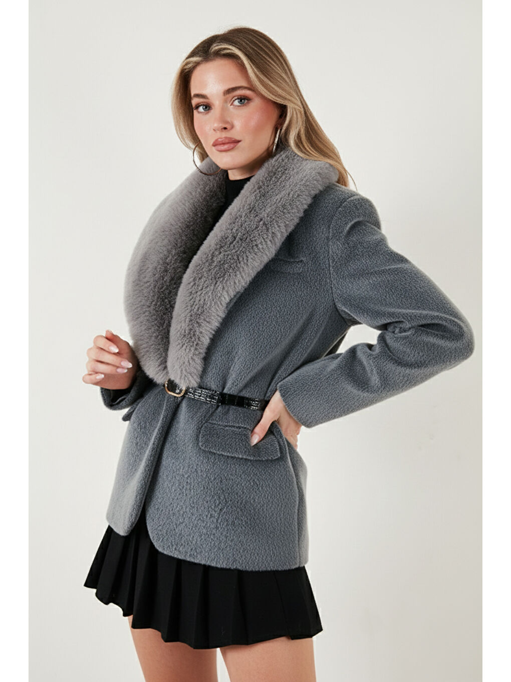 Gri Regular Fit Şal Yaka Kemerli Kadın Kaban 6839688-2