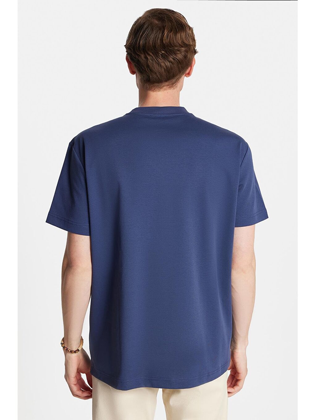 Relax Fit Rahat Kesim Pamuklu Ön Baskı Ve Nakış Detaylı Bisiklet Yaka İndigo Erkek Tişört-4