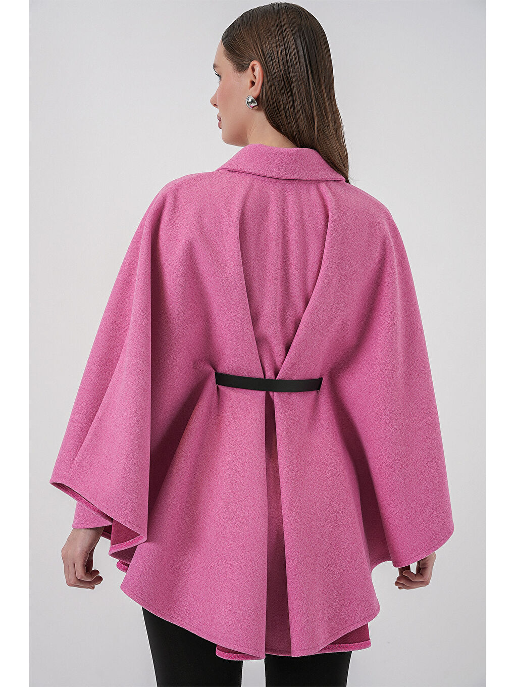 Kadın Kemerli Kaşe Panço 9170 - Pembe-4