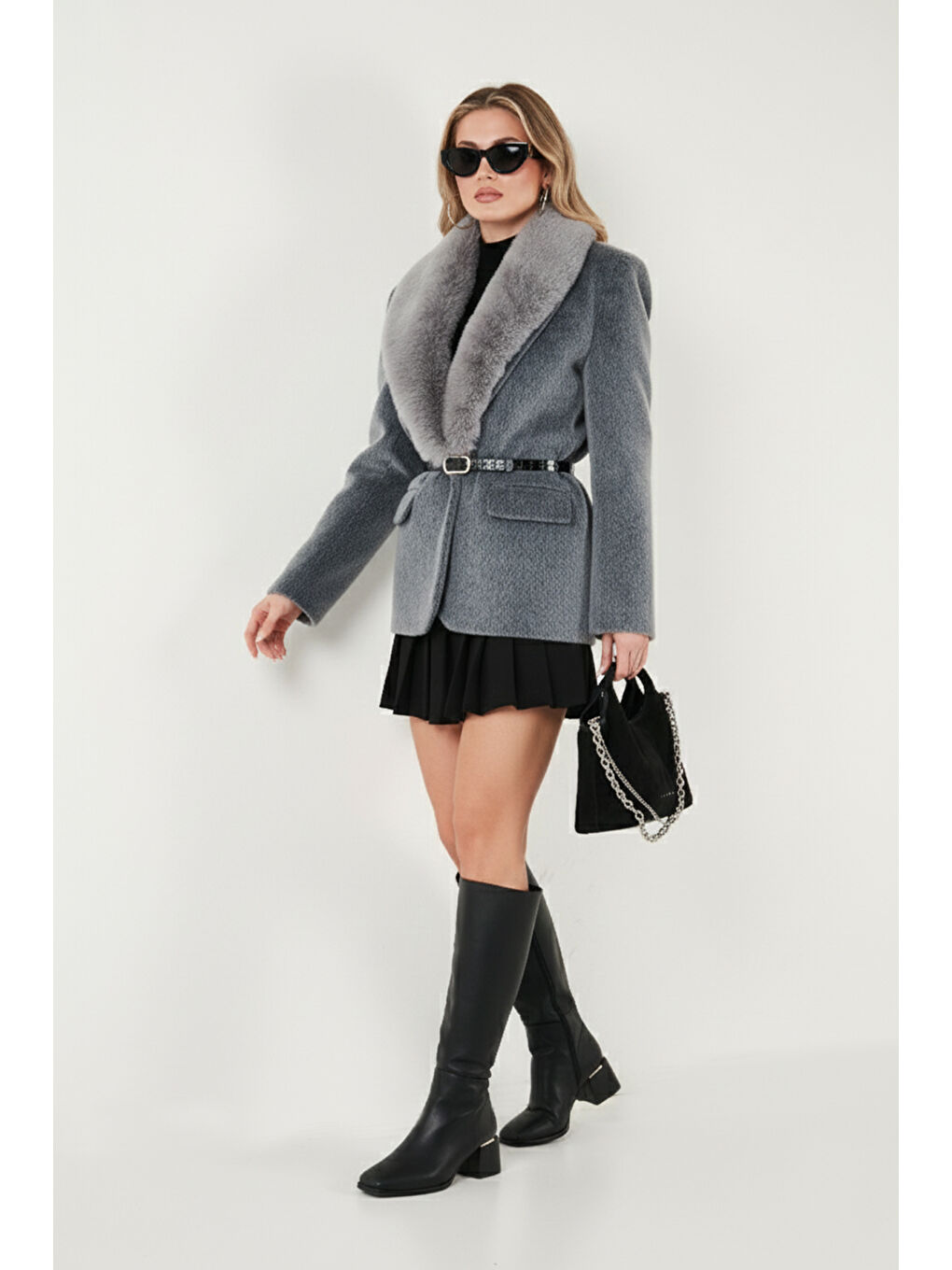 Gri Regular Fit Şal Yaka Kemerli Kadın Kaban 6839688-3