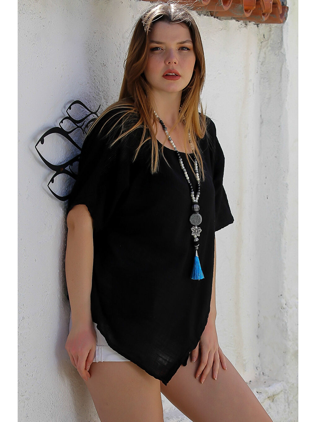 Siyah Havuz Yaka Cepli File Detaylı Yıkamalı Casual Asimetrik Dokuma Bluz 70 65-4