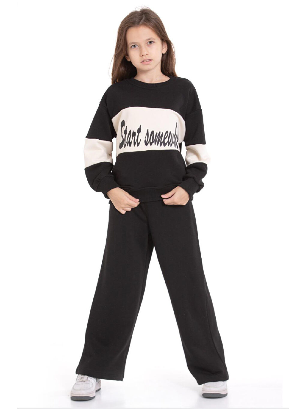 Siyah Kız Çocuk 3 İplik ve Şardonsuz Eşofman Takımı 5-9 Yaş 12487-1