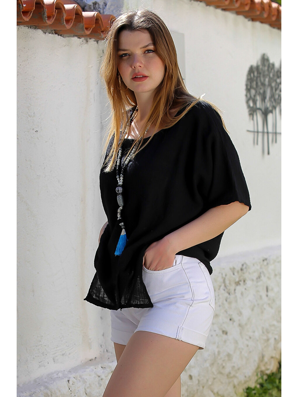 Siyah Havuz Yaka Cepli File Detaylı Yıkamalı Casual Asimetrik Dokuma Bluz 70 65-5