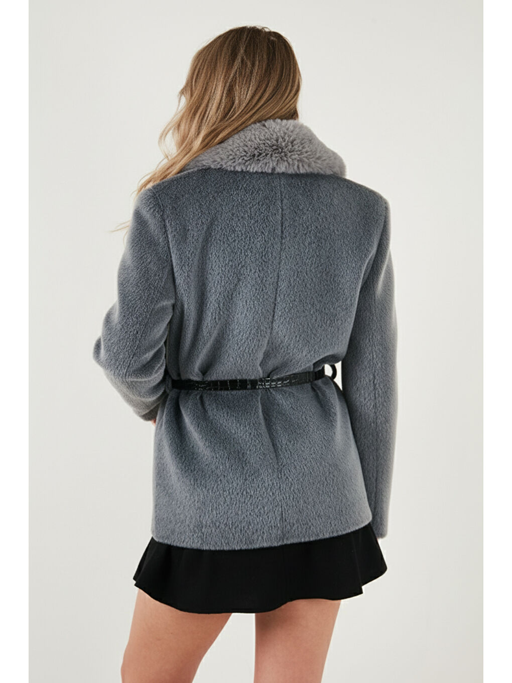 Gri Regular Fit Şal Yaka Kemerli Kadın Kaban 6839688-4