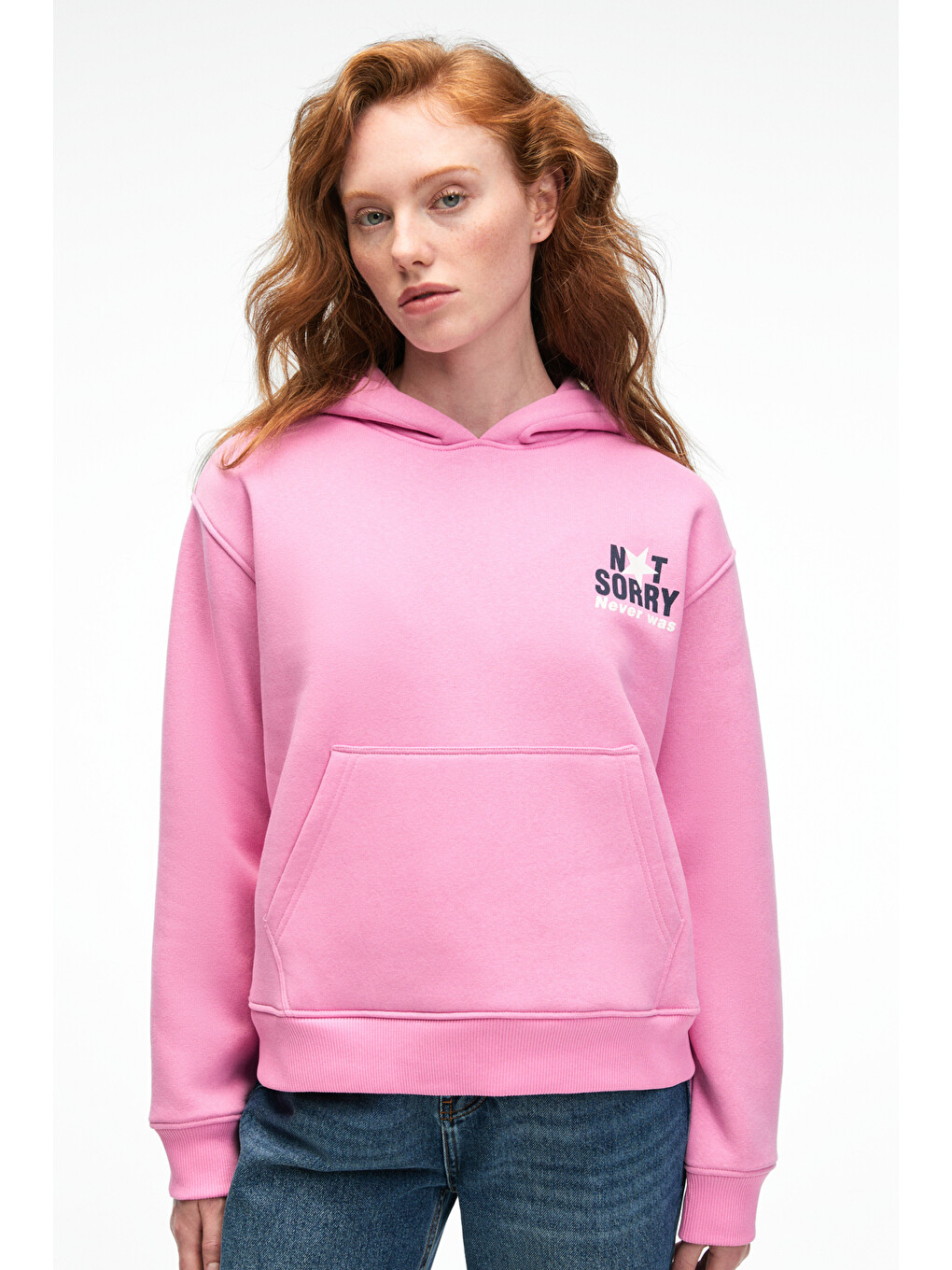 Yumea Kadın Oversize Kapüşonlu Baskılı Pembe Sweatshirt-1