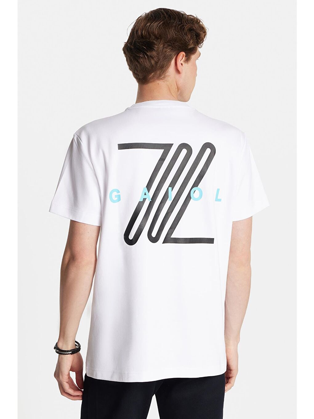 Relax Fit Rahat Kesim Pamuklu Ön Ve Arka Baskı Detaylı Bisiklet Yaka Beyaz Erkek Tişört-4