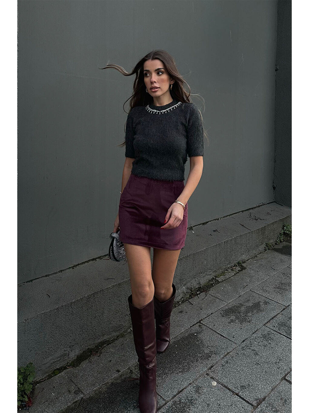 Antrasit Bisiklet Yaka Taşlı Triko Bluz 5KXK2-49083-36