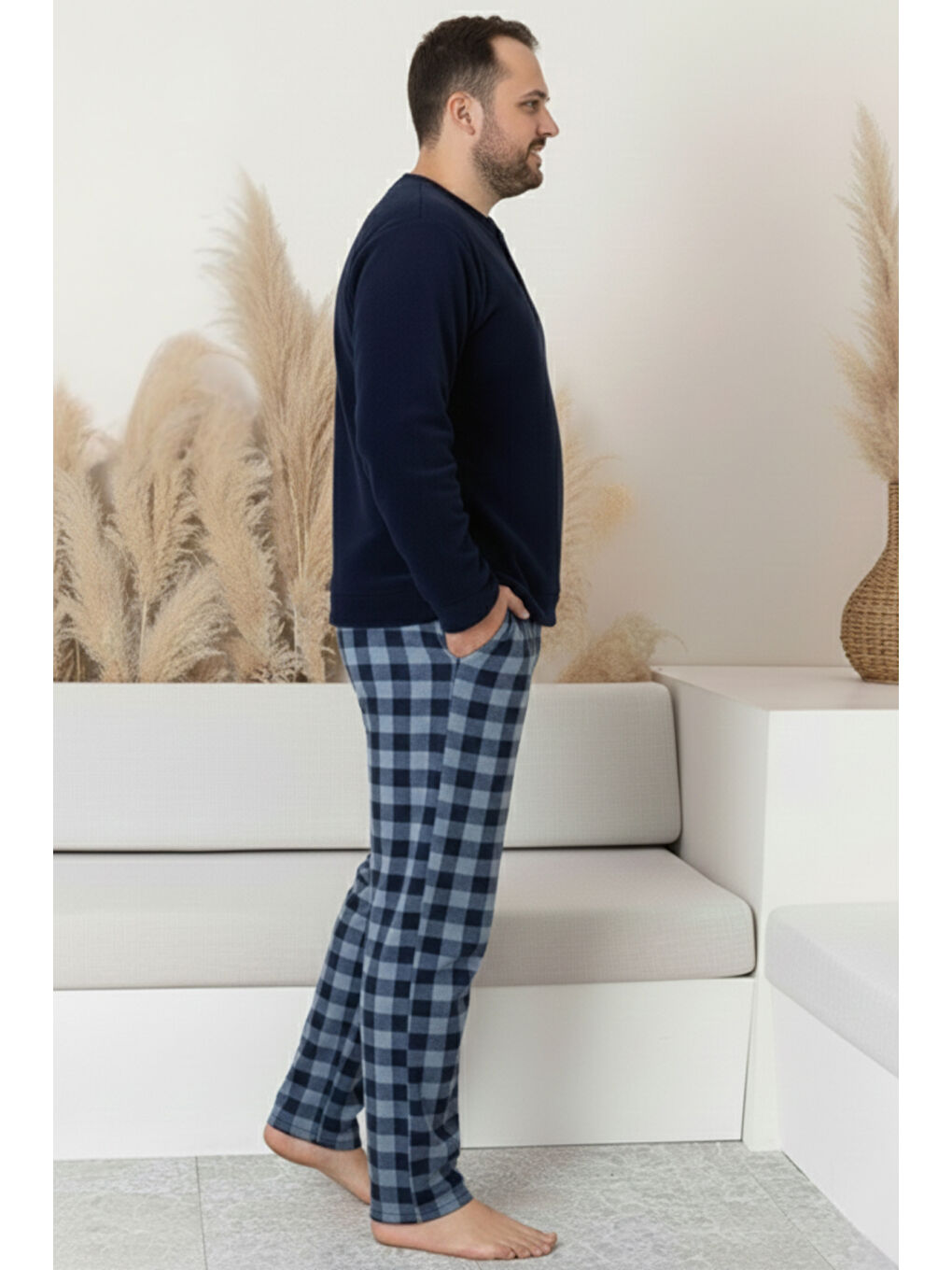 Lacivert Cepli Ekoseli Büyük Beden Erkek Polar Pijama Takımı 3446-3