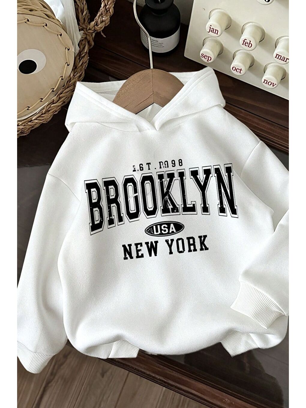 Trendseninle Unisex Beyaz Oversize Brooklyn Usa Newyork Baskılı Kapüşonlu Sweatshirt Hoodie