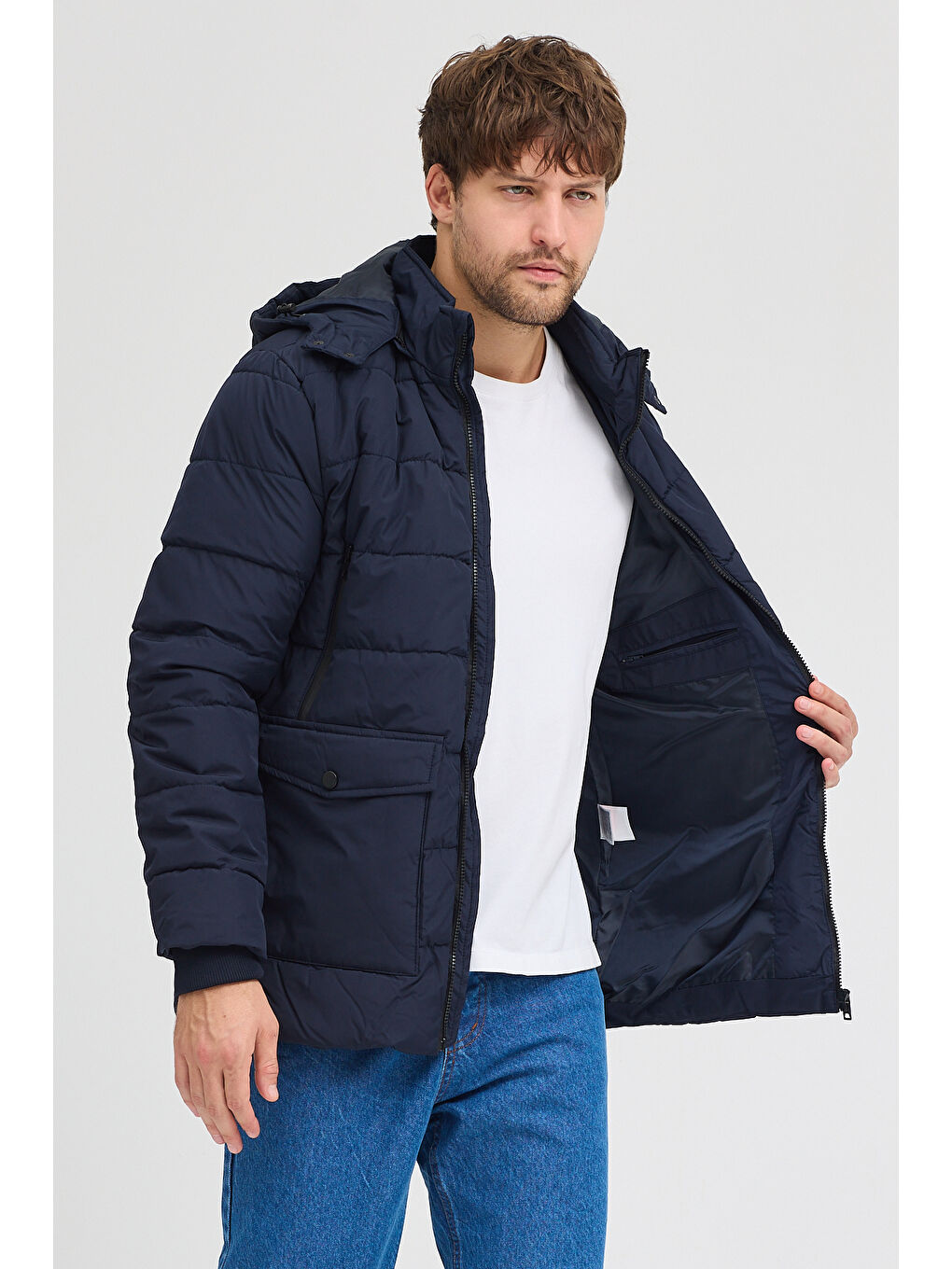 Lacivert Erkek Kapüşonlu Mont 23119-2