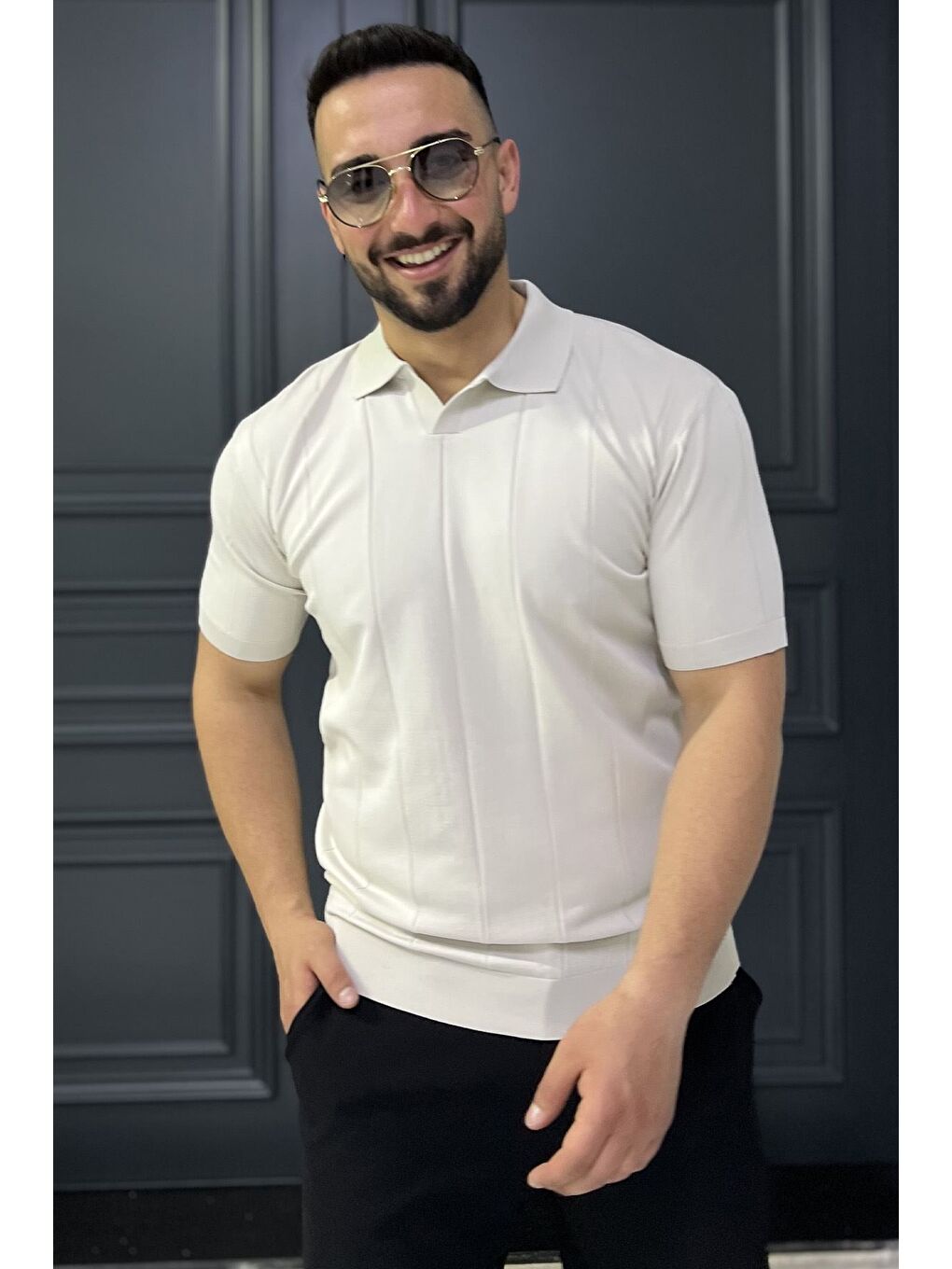 Bej Erkek Polo Yaka Kendinden Çizgi Desenli Tişört