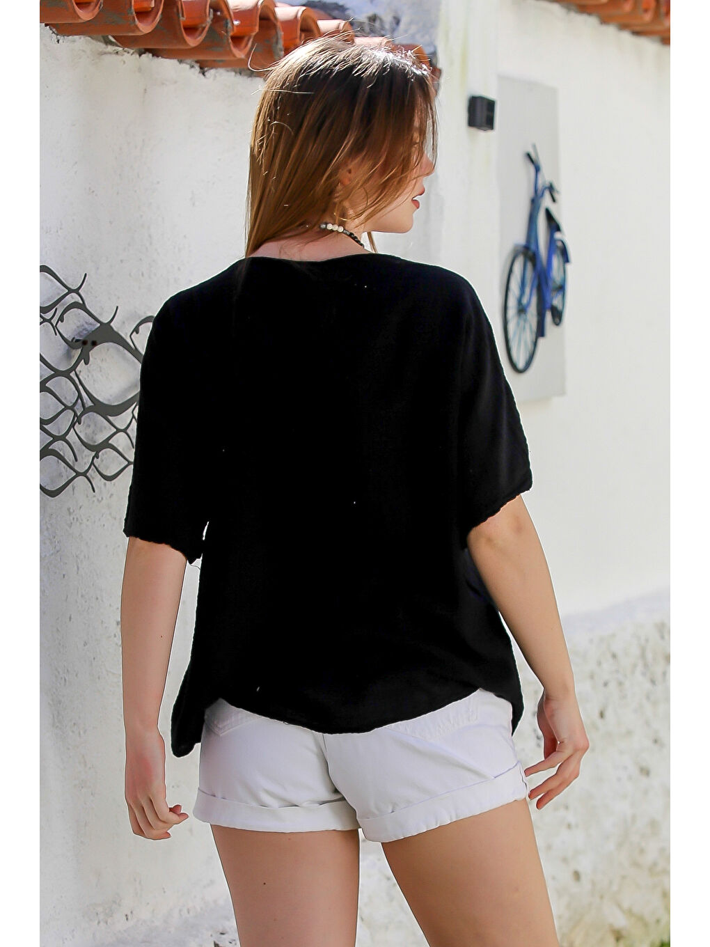 Siyah Havuz Yaka Cepli File Detaylı Yıkamalı Casual Asimetrik Dokuma Bluz 70 65-7