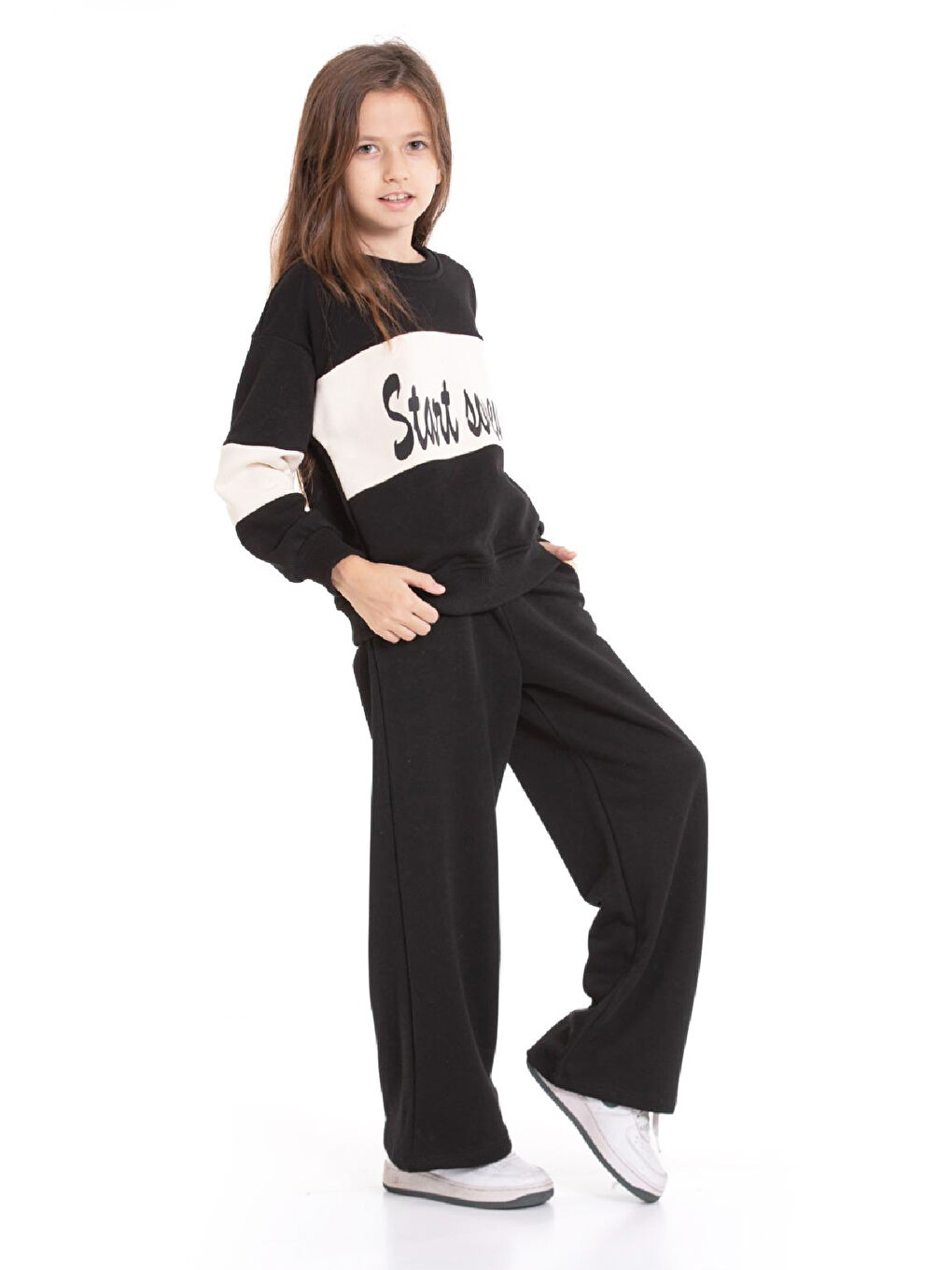 Siyah Kız Çocuk 3 İplik ve Şardonsuz Eşofman Takımı 5-9 Yaş 12487-2