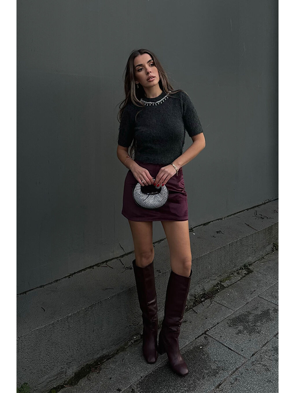 Antrasit Bisiklet Yaka Taşlı Triko Bluz 5KXK2-49083-36-1