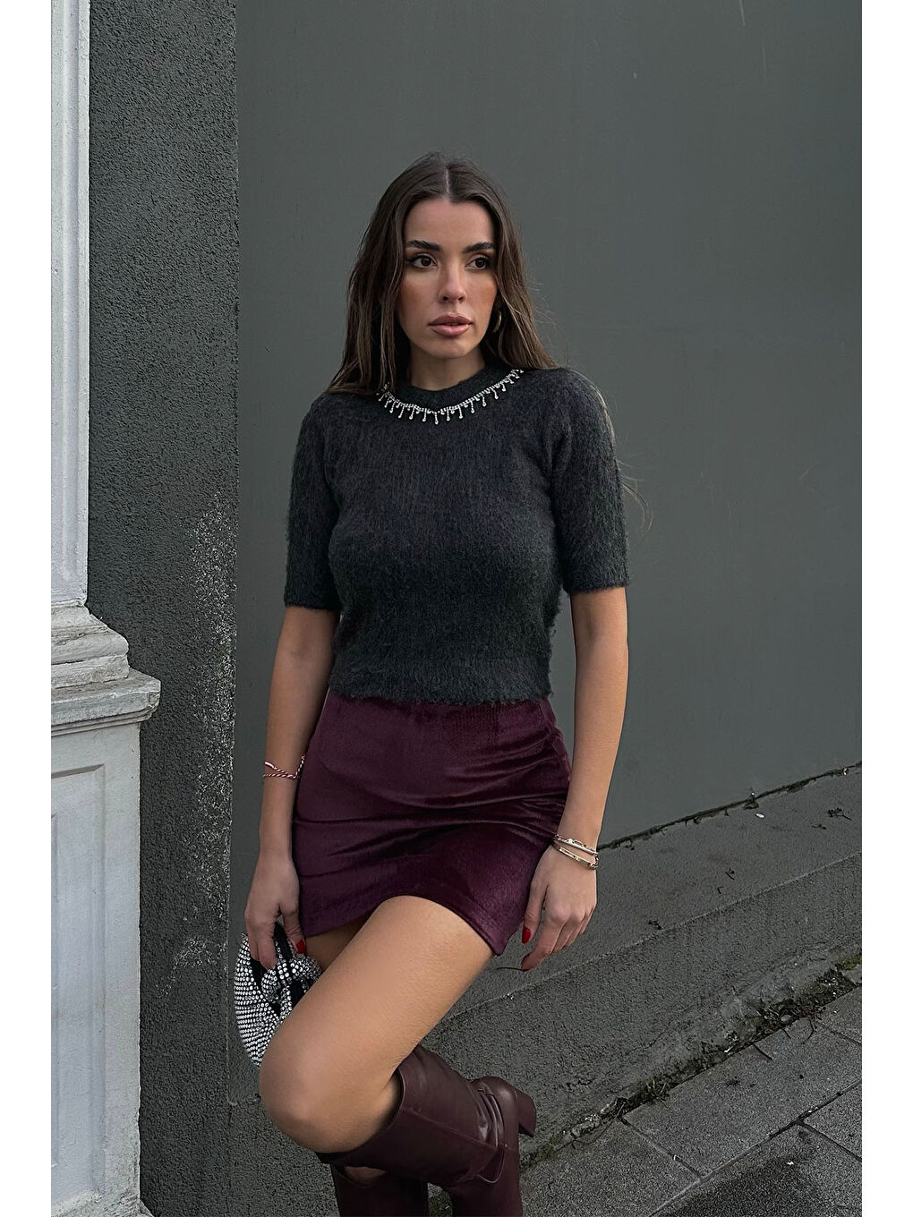 Antrasit Bisiklet Yaka Taşlı Triko Bluz 5KXK2-49083-36-2