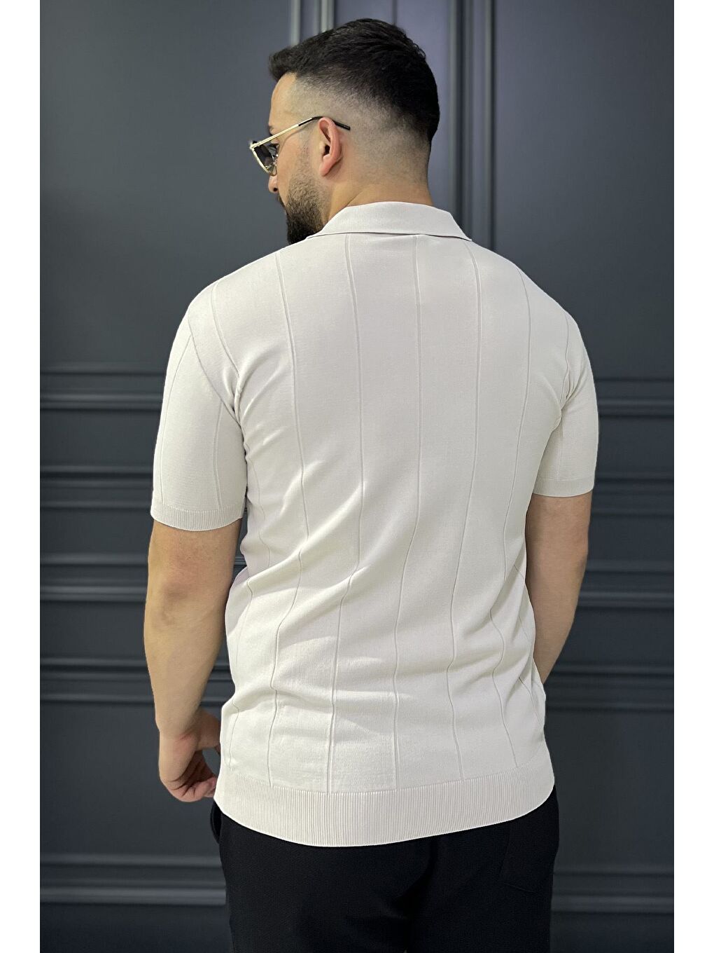 Bej Erkek Polo Yaka Kendinden Çizgi Desenli Tişört-2