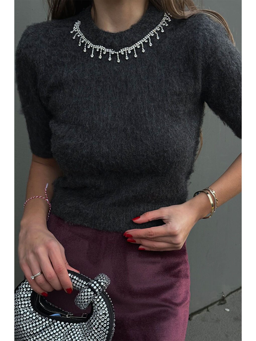 Antrasit Bisiklet Yaka Taşlı Triko Bluz 5KXK2-49083-36-3