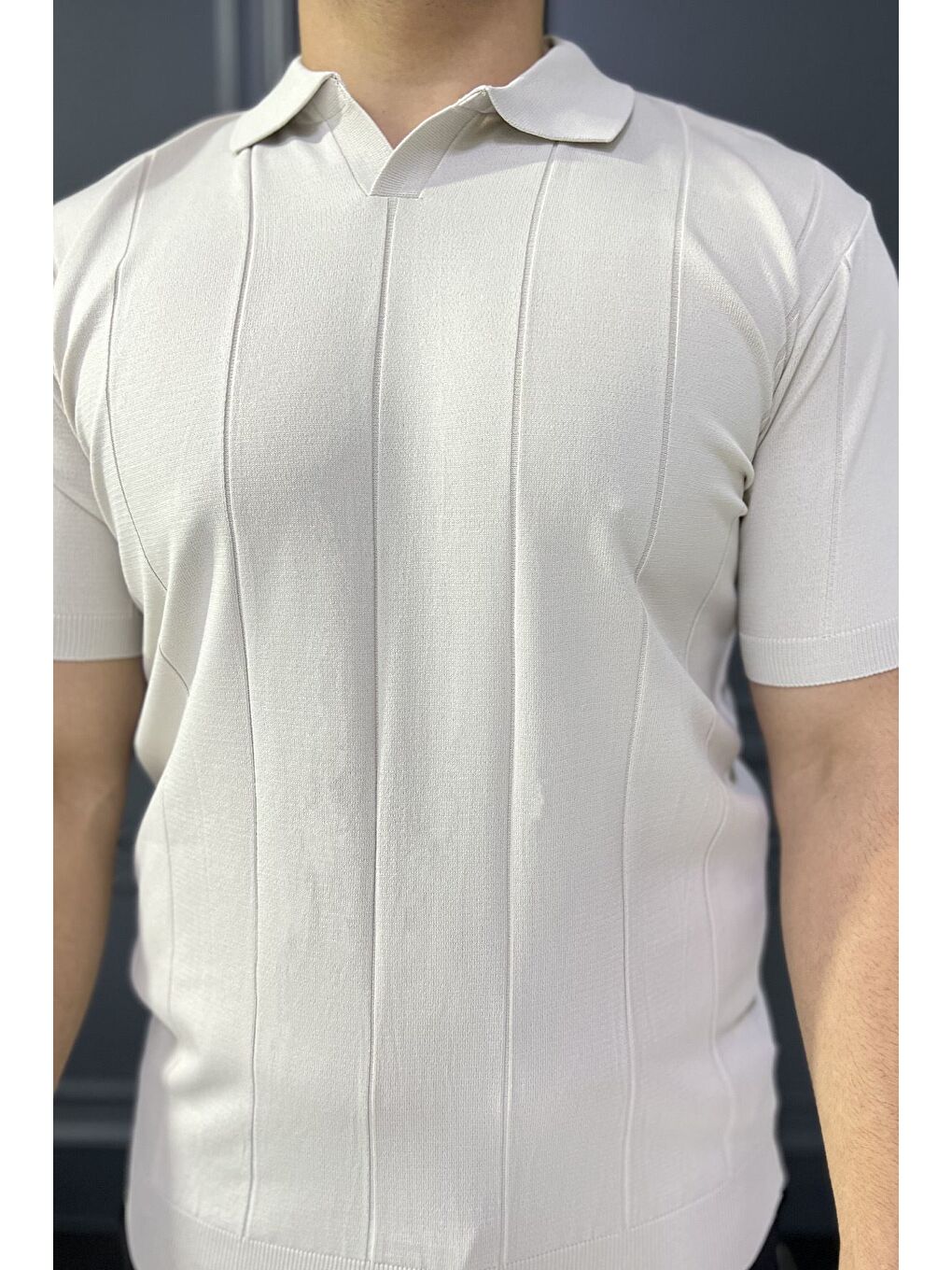 Bej Erkek Polo Yaka Kendinden Çizgi Desenli Tişört-3