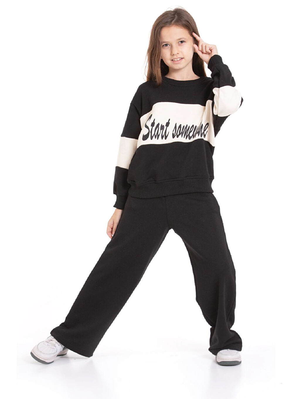 Siyah Kız Çocuk 3 İplik ve Şardonsuz Eşofman Takımı 5-9 Yaş 12487-3