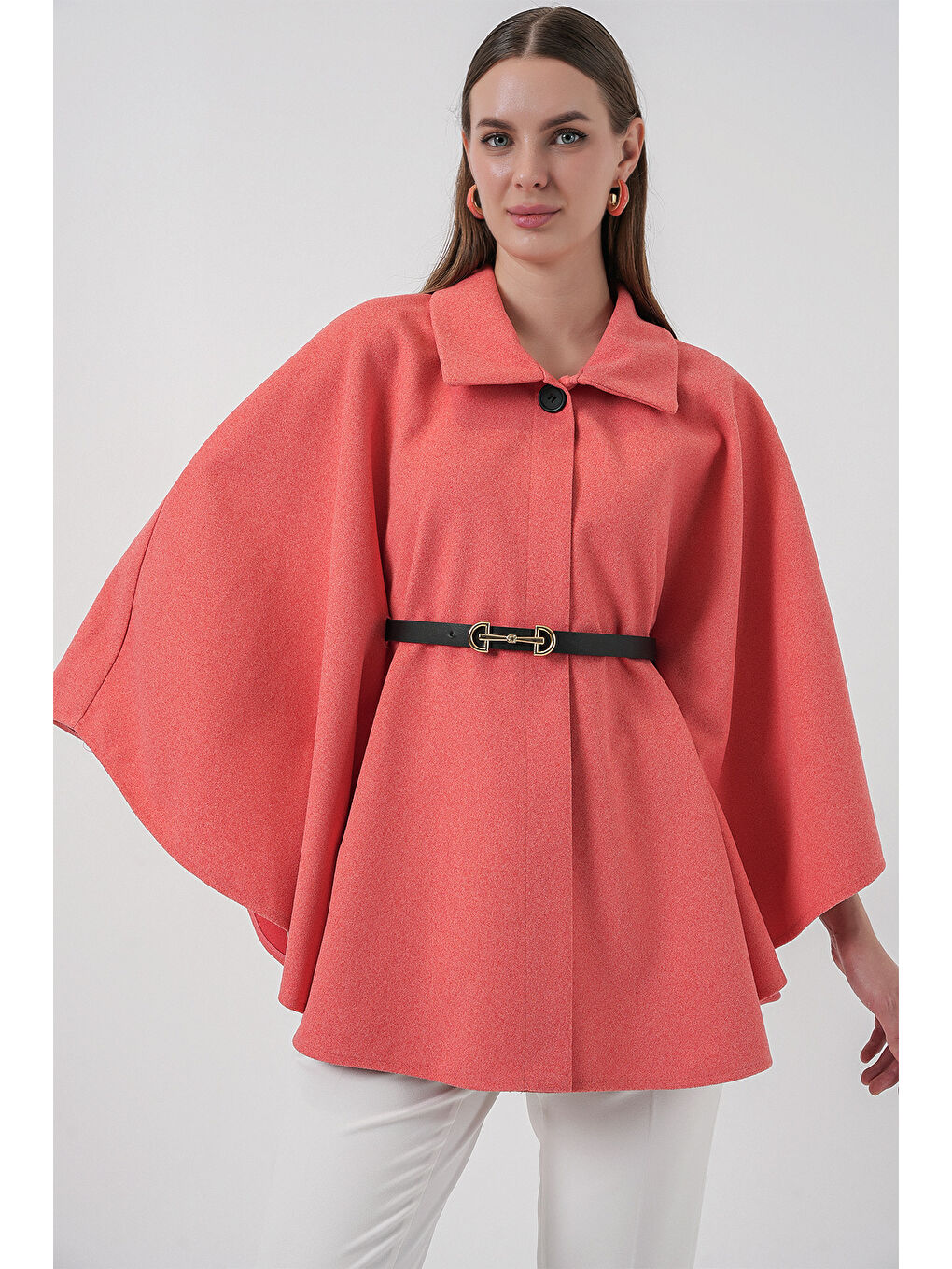 Pembe Kadın Kemerli Kaşe Panço 9170 - Somon