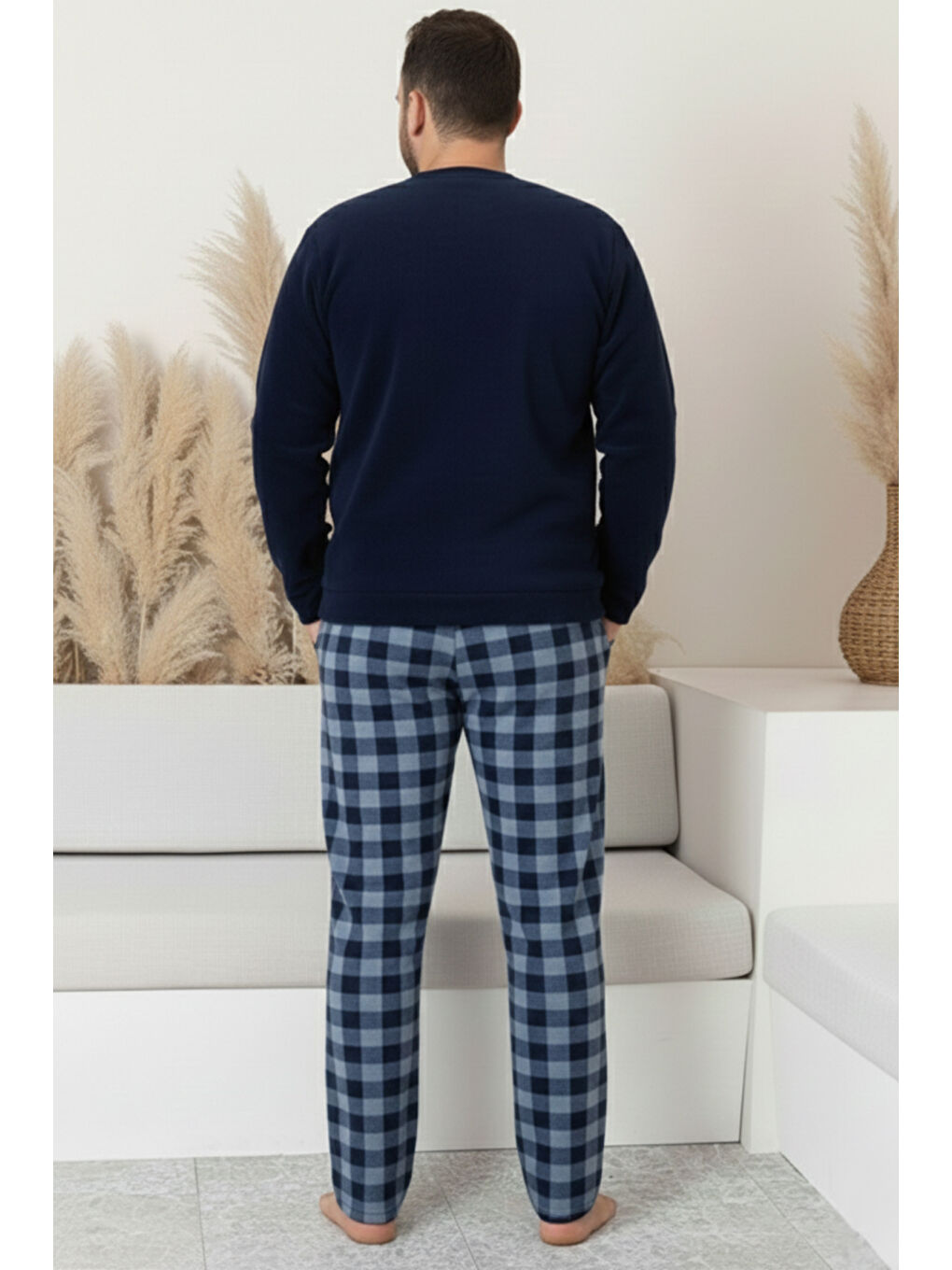 Lacivert Cepli Ekoseli Büyük Beden Erkek Polar Pijama Takımı 3446-4