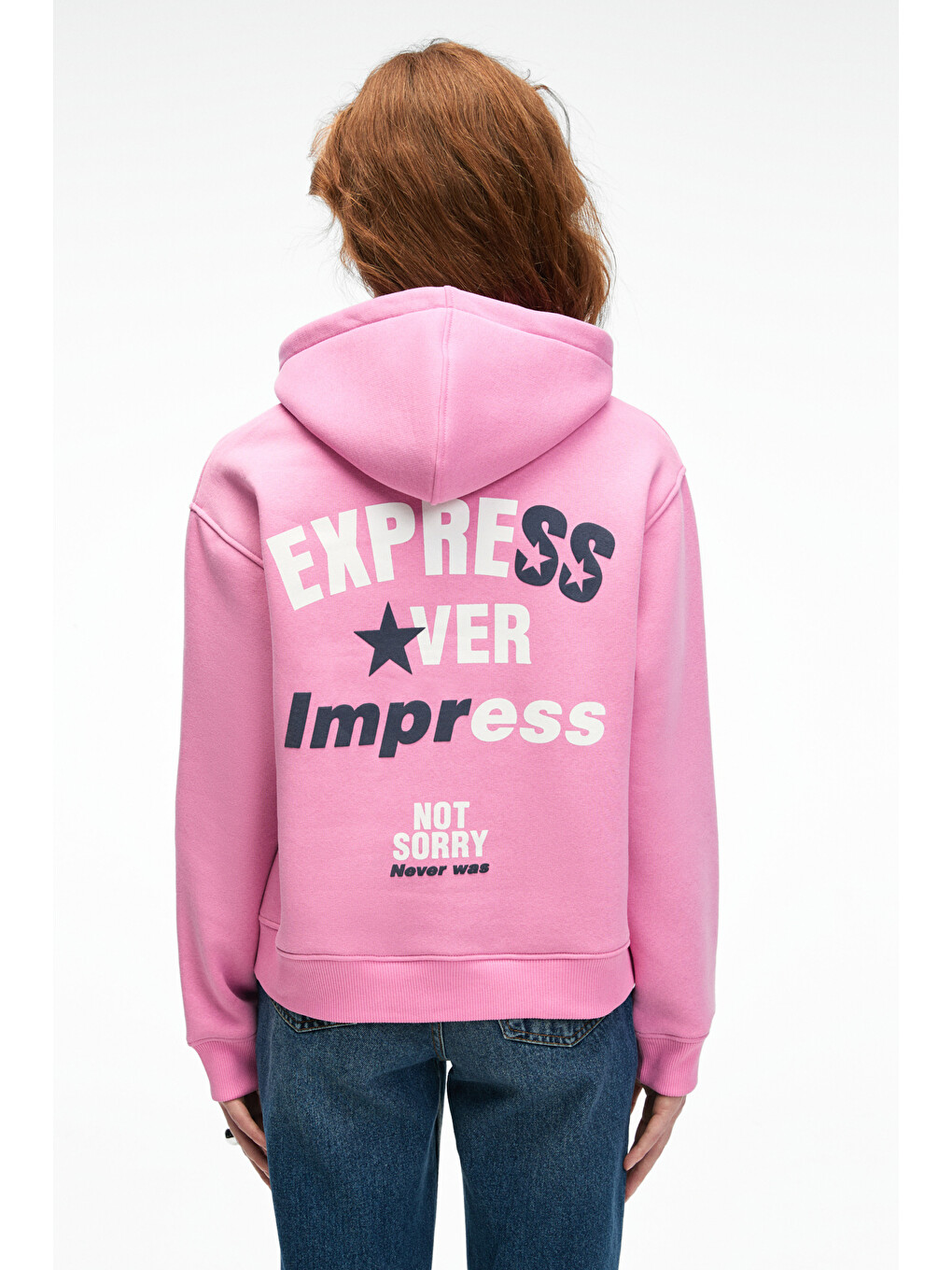 Yumea Kadın Oversize Kapüşonlu Baskılı Pembe Sweatshirt-2