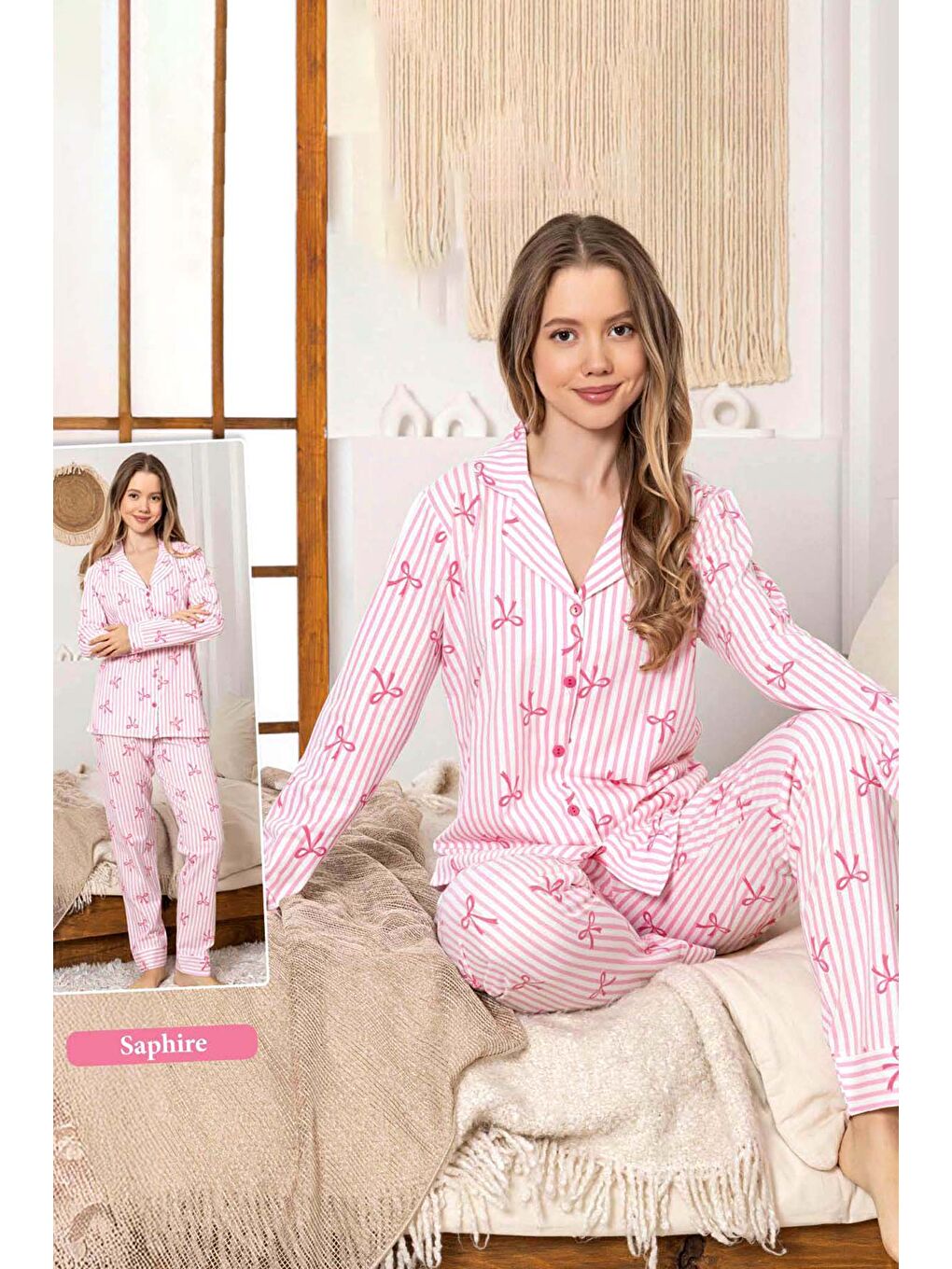 Kadın Fiyonk Desen Düğmeli Saphire Pijama Takımı 0376 Pembe-3