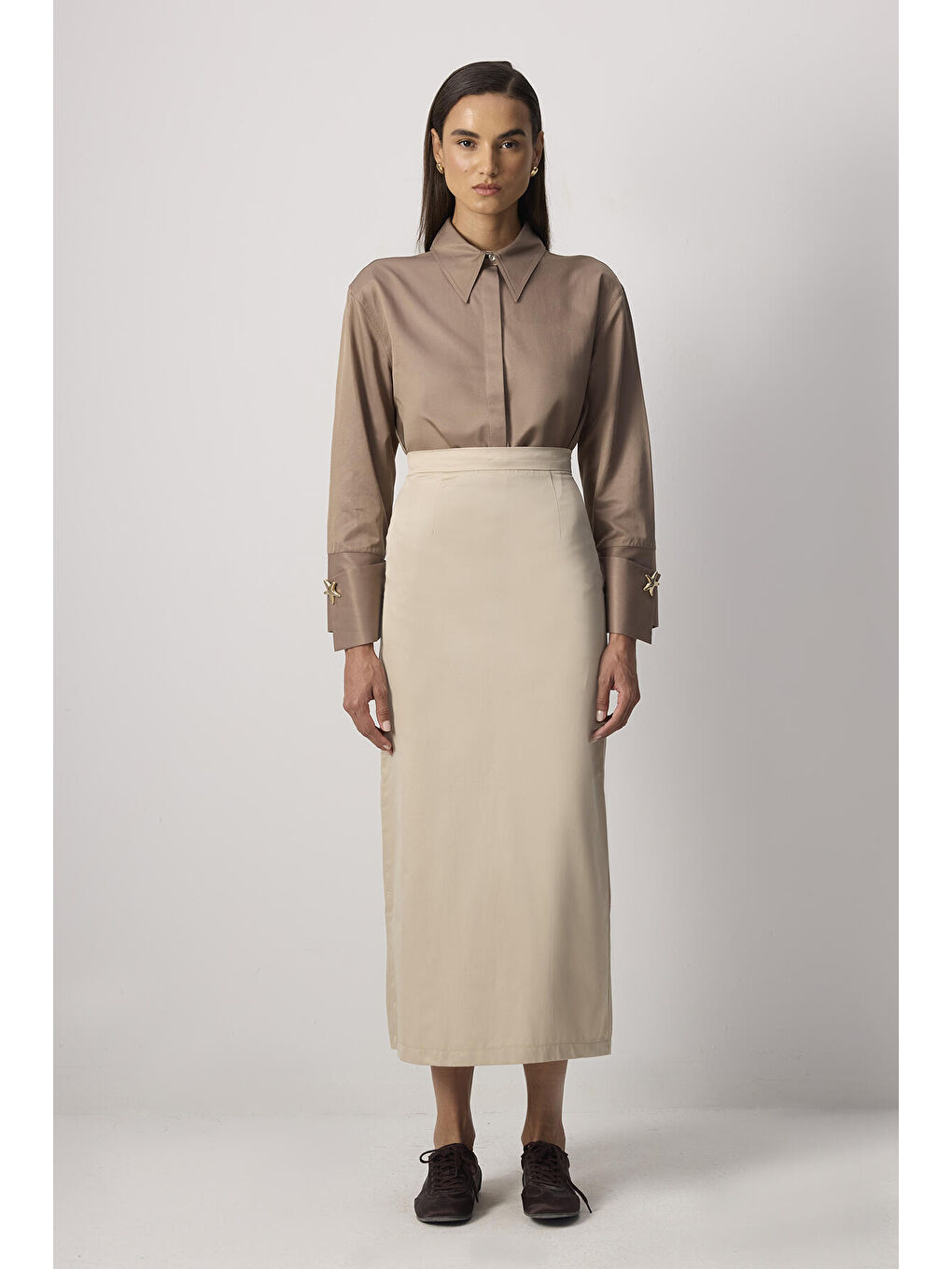 Bej Yırtmaç Detaylı Kalem Etek-1