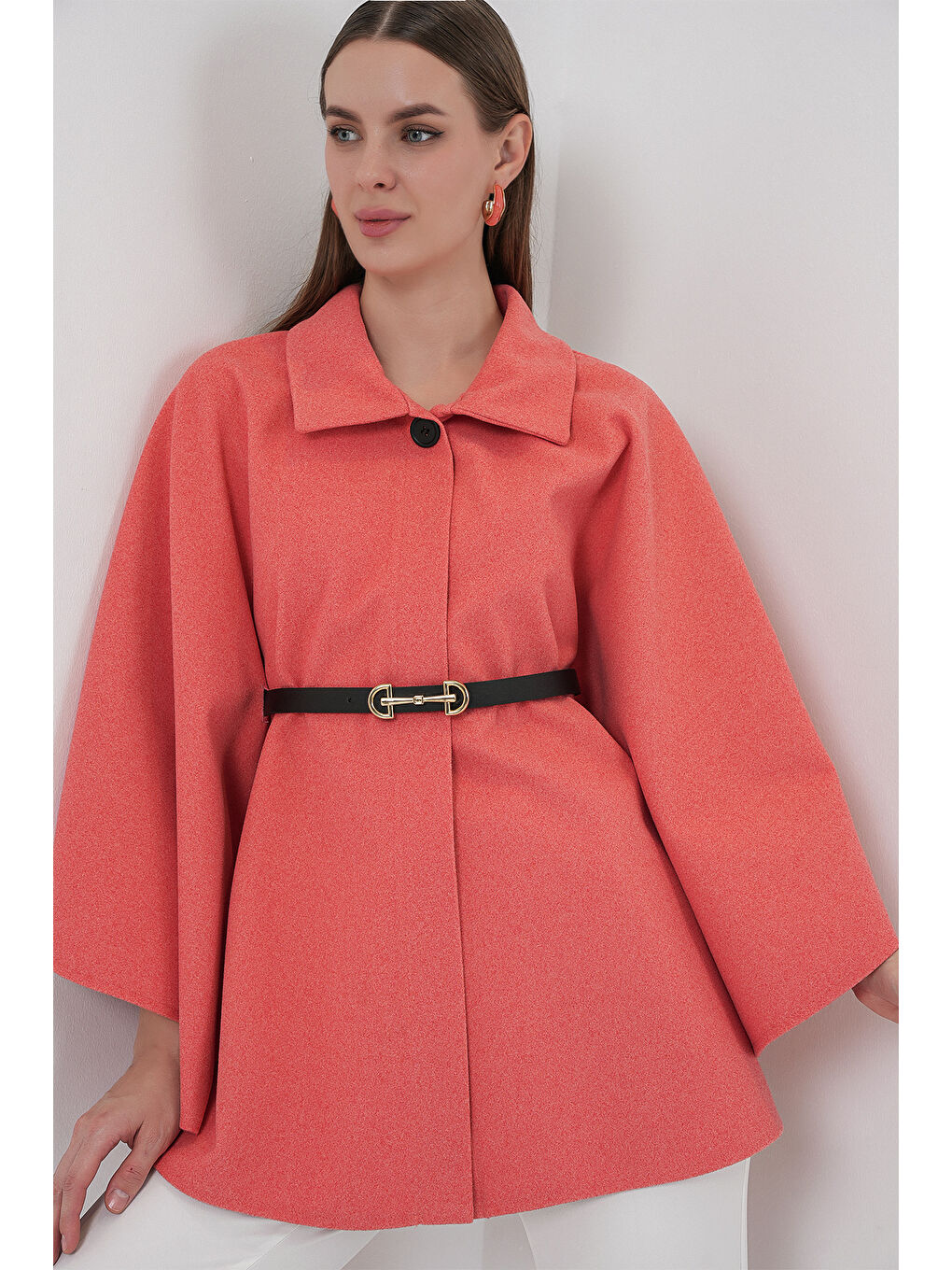 Pembe Kadın Kemerli Kaşe Panço 9170 - Somon-1