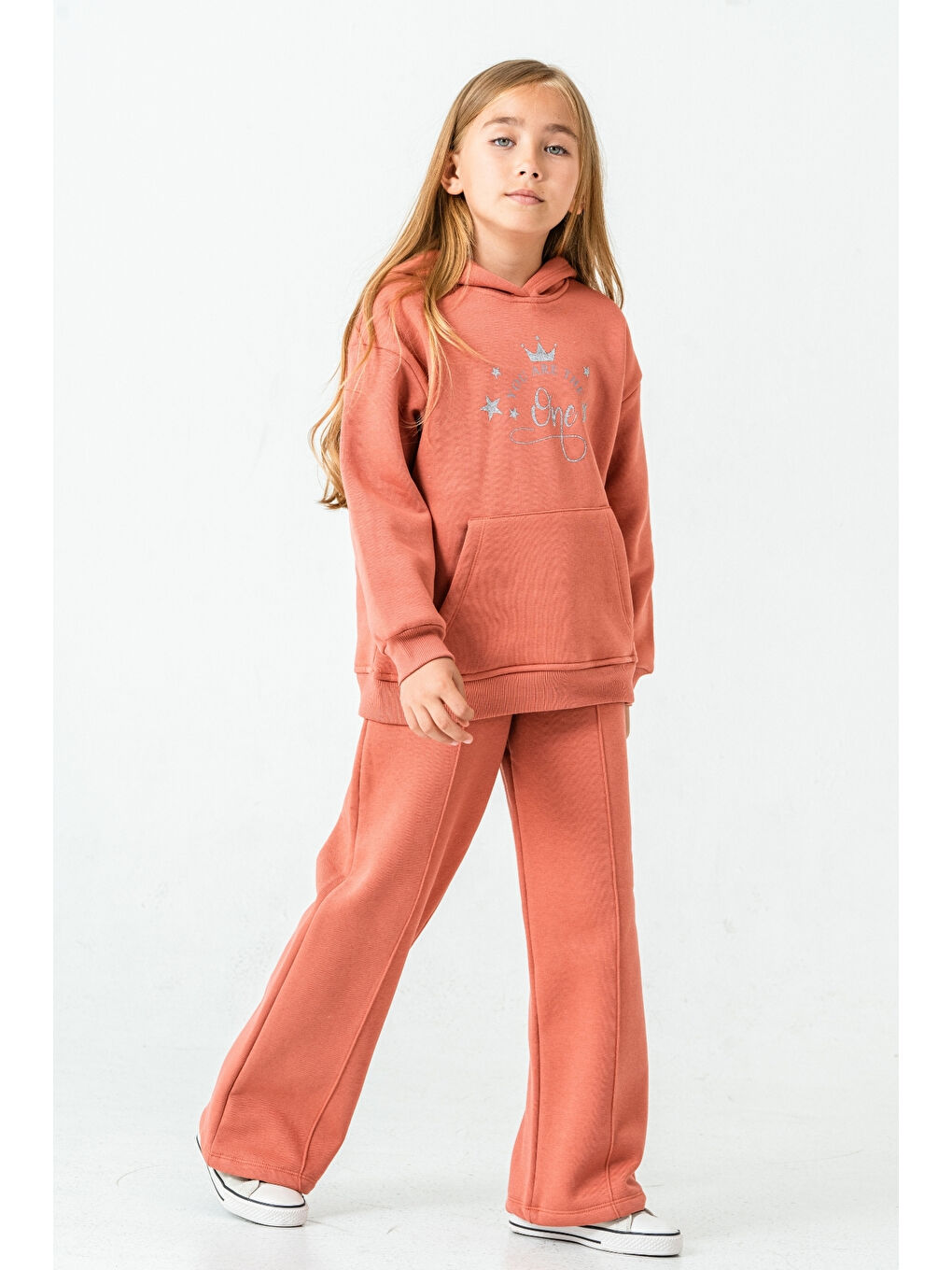 Kahverengi Kız Çocuk You Are The One Baskılı 3 İplik Kalın Kışlık Eşofman Takımı Ak4204-1