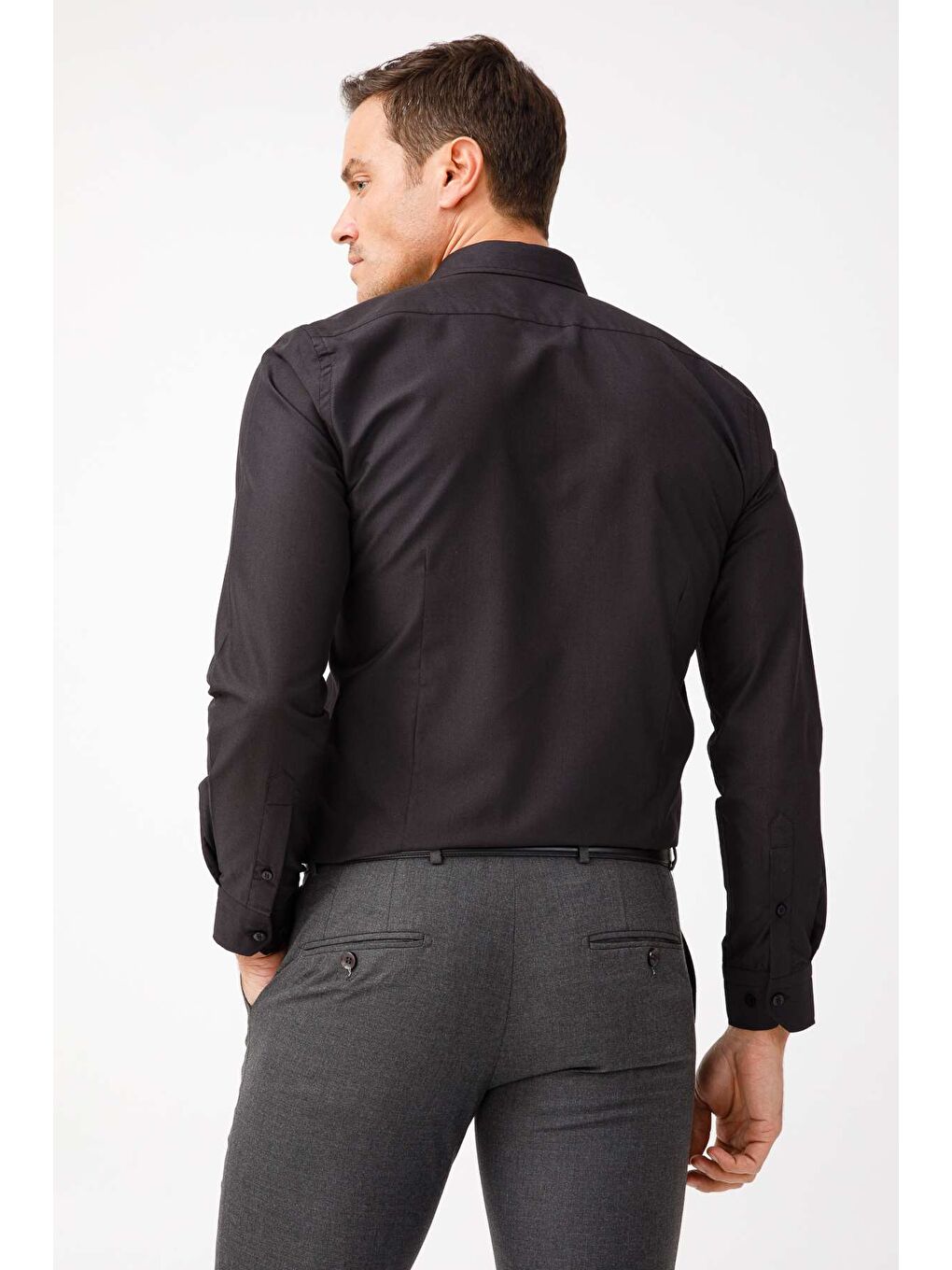 Siyah Slim Fit Dar Kalıp Klasik Yaka Düz Uzun Kollu Cepsiz Kolay Ütülenir Gömlek-5