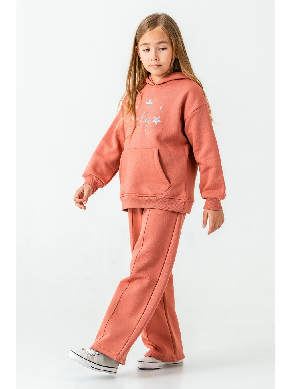 Kahverengi Kız Çocuk You Are The One Baskılı 3 İplik Kalın Kışlık Eşofman Takımı Ak4204-2