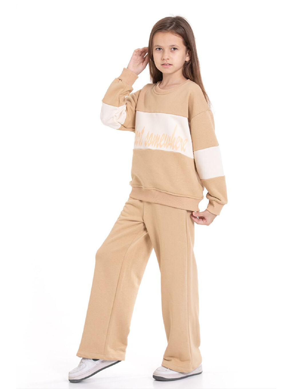 Ekru Kız Çocuk 3 İplik ve Şardonsuz Eşofman Takımı 5-9 Yaş 12487