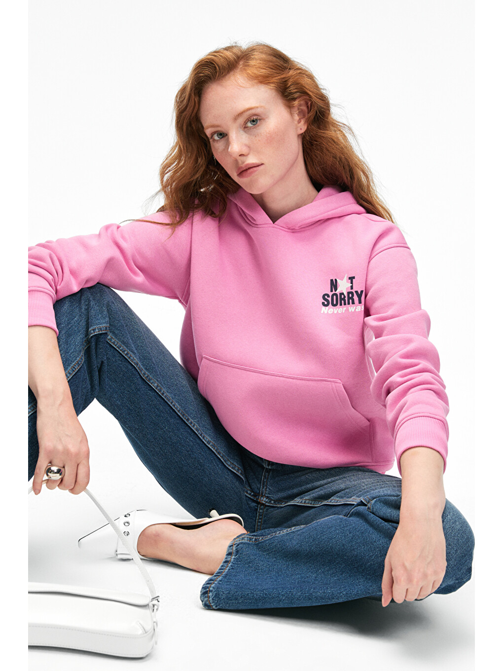 Yumea Kadın Oversize Kapüşonlu Baskılı Pembe Sweatshirt-3