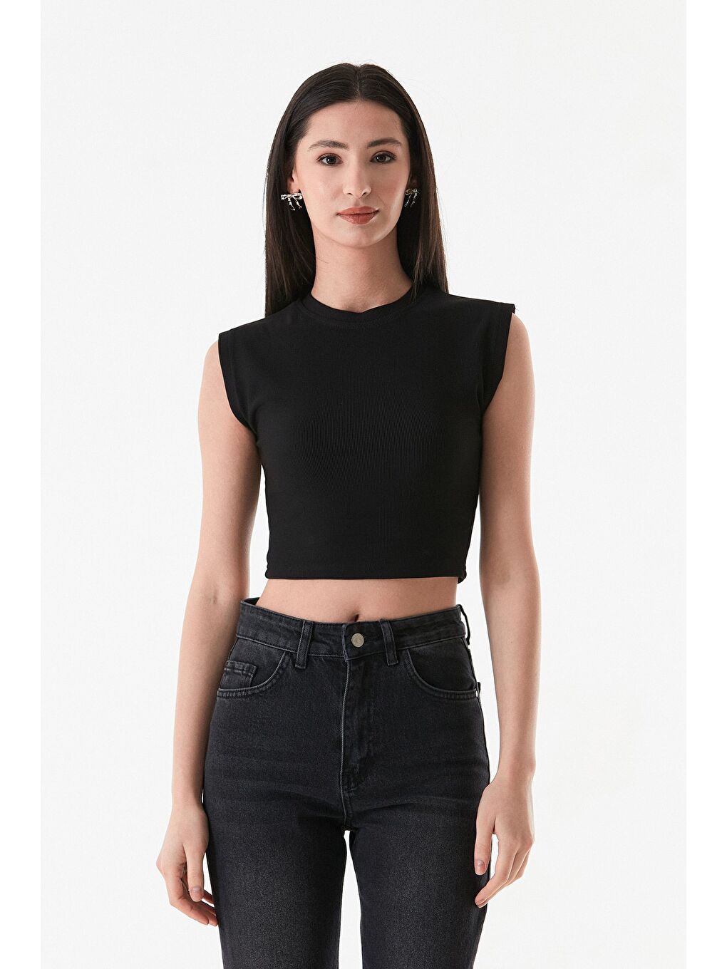 Siyah Fitilli Bisiklet Yaka Crop Tişört-2