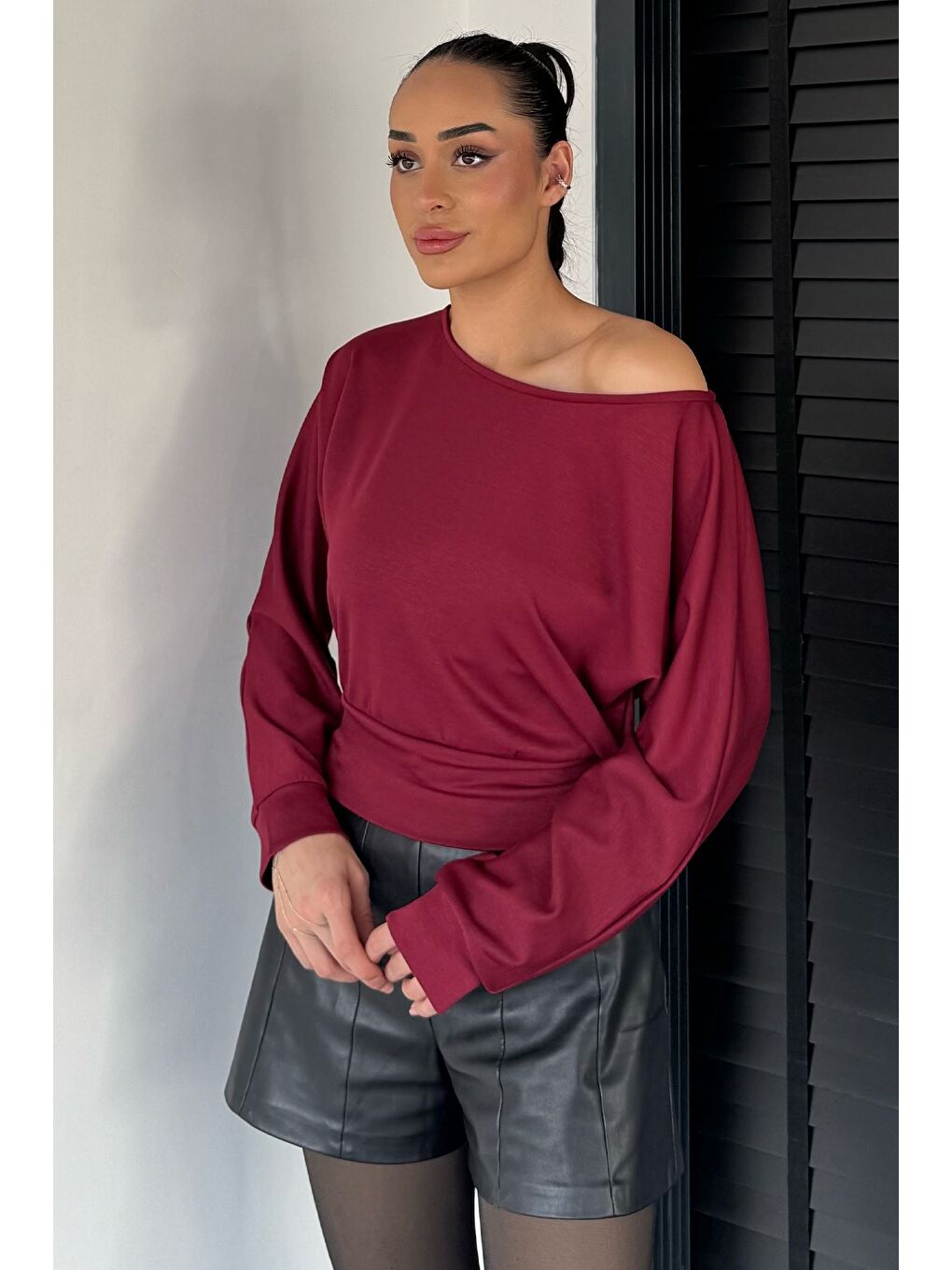 Bordo Kadın Yarasa Kol Bluz-1