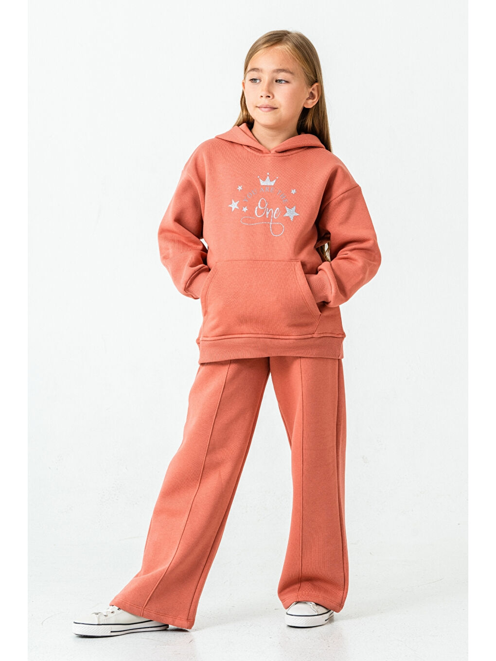 Kahverengi Kız Çocuk You Are The One Baskılı 3 İplik Kalın Kışlık Eşofman Takımı Ak4204-3