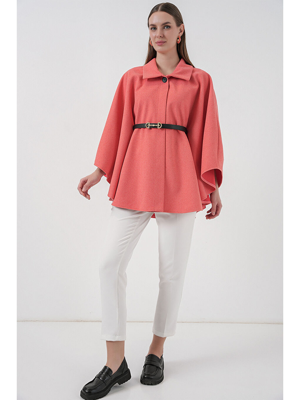 Pembe Kadın Kemerli Kaşe Panço 9170 - Somon-2