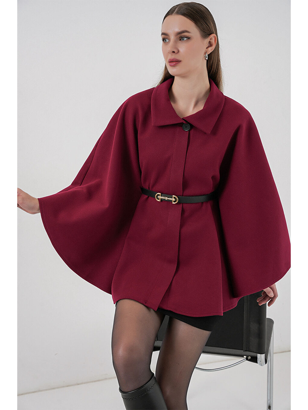 Kadın Kemerli Kaşe Panço 9170 - Bordo