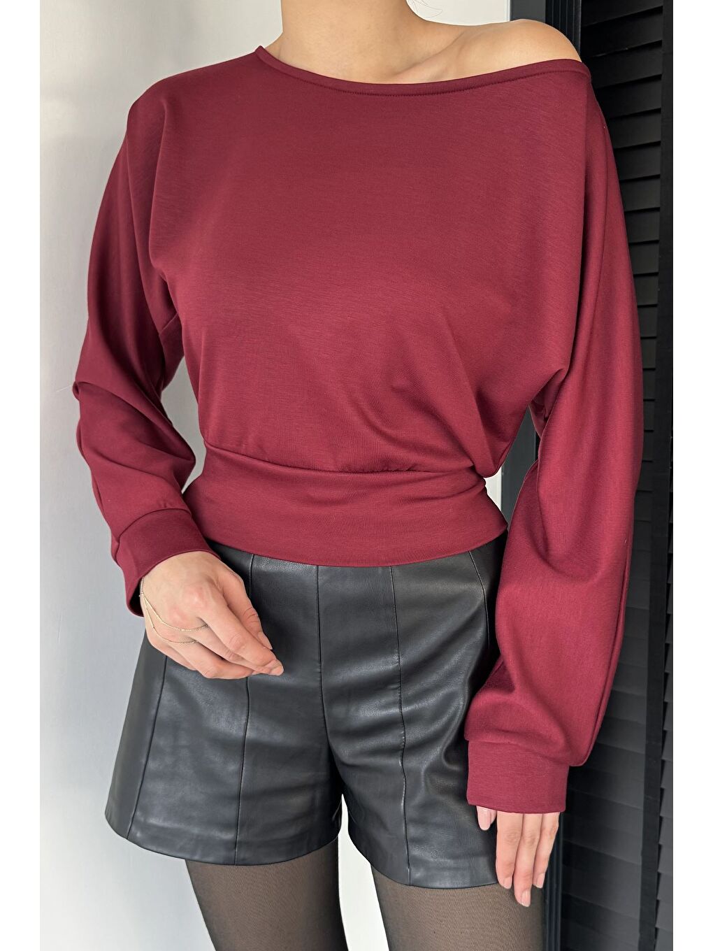 Bordo Kadın Yarasa Kol Bluz-2