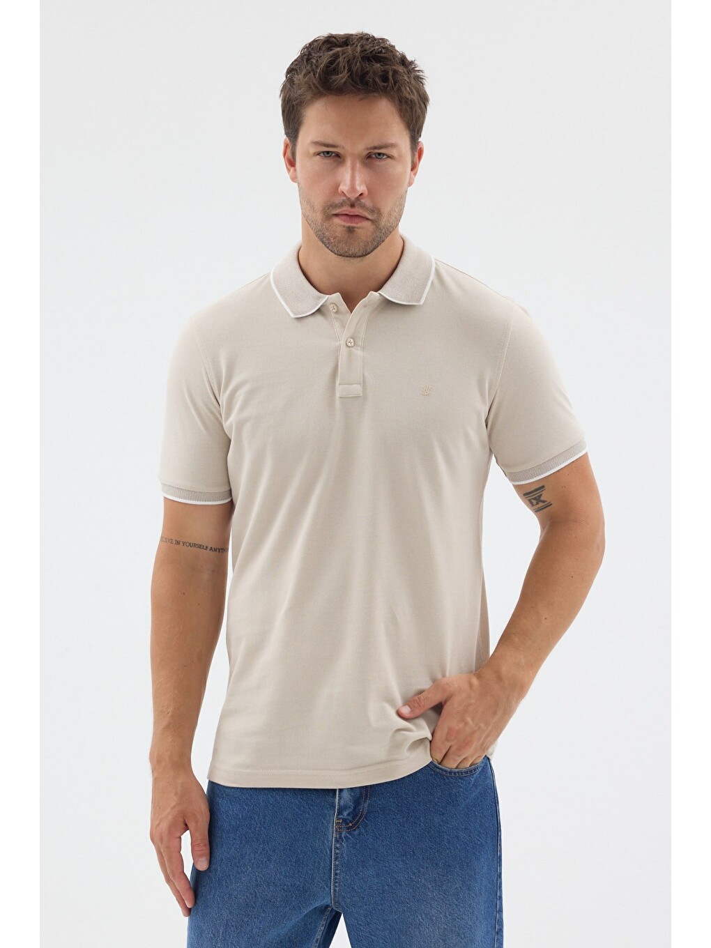 Bej Polo Yaka Pike Kısa Kol Slim Fit %100 Pamuk Tişört 1011260171