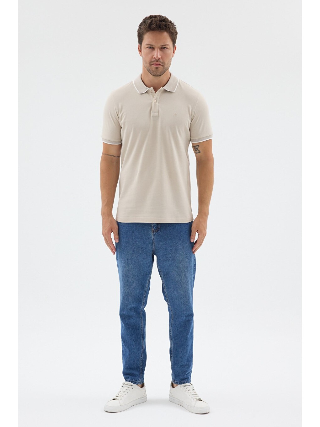 Bej Polo Yaka Pike Kısa Kol Slim Fit %100 Pamuk Tişört 1011260171-1