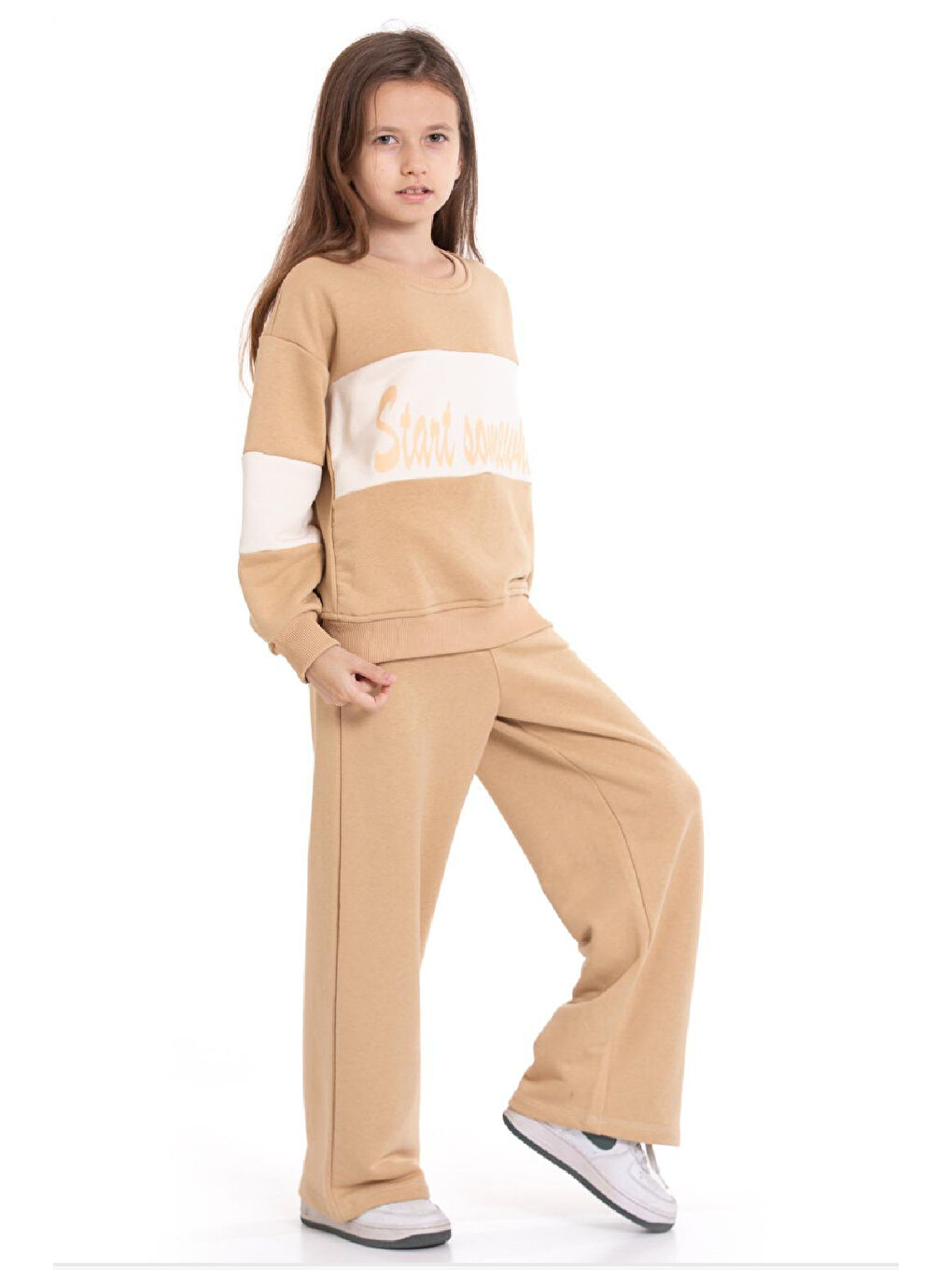 Ekru Kız Çocuk 3 İplik ve Şardonsuz Eşofman Takımı 5-9 Yaş 12487-1