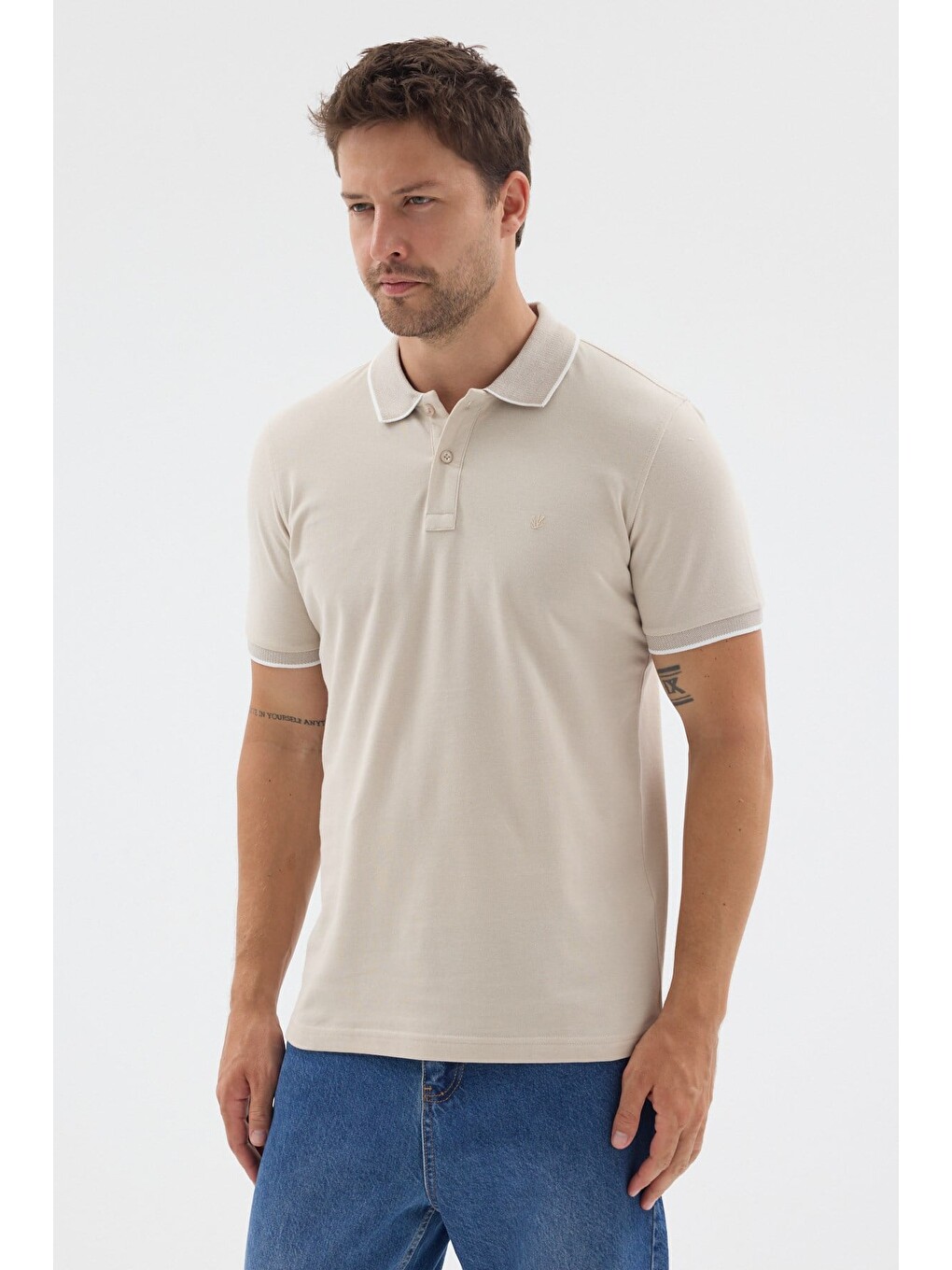 Bej Polo Yaka Pike Kısa Kol Slim Fit %100 Pamuk Tişört 1011260171-2