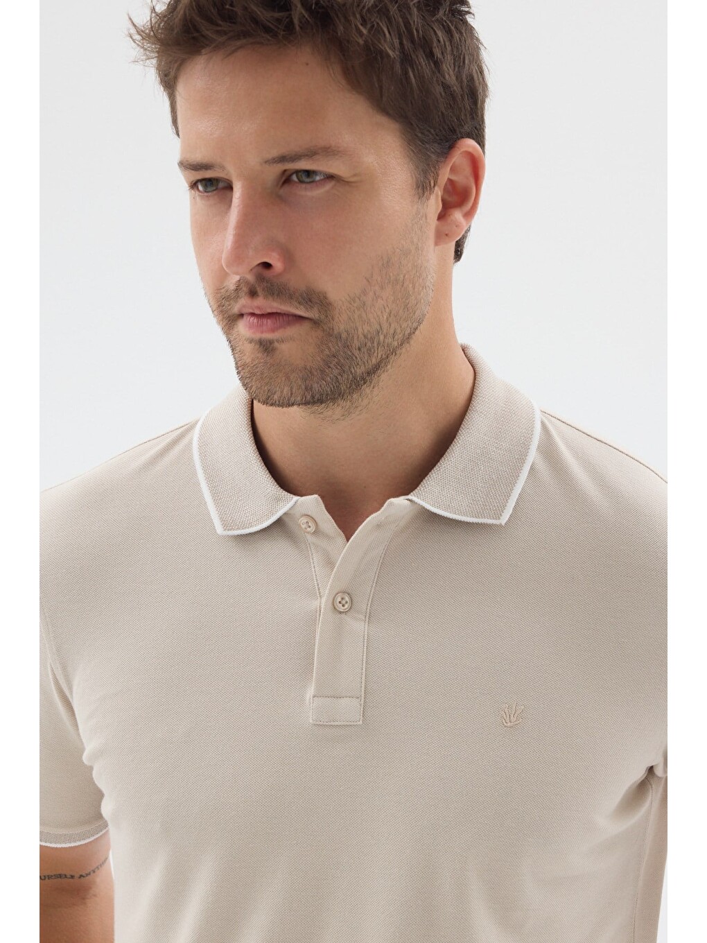Bej Polo Yaka Pike Kısa Kol Slim Fit %100 Pamuk Tişört 1011260171-3