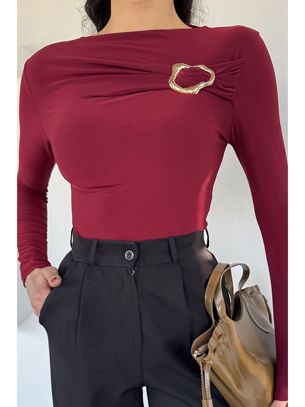 Bordo Kadın Gold Toka Detaylı Elastanlı Bluz